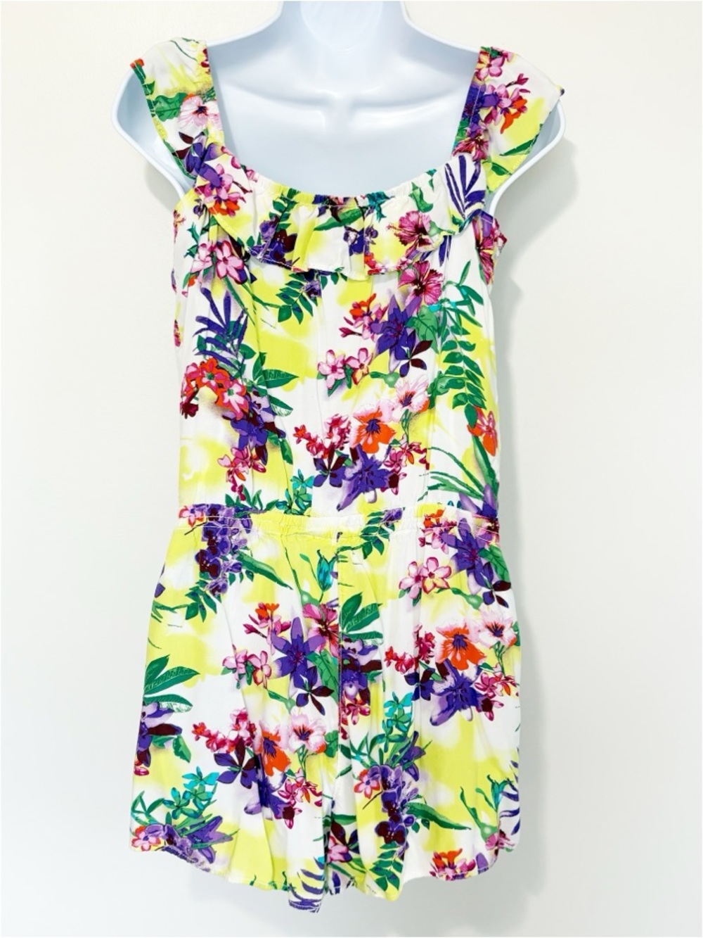GARAGE Bright Floral Ruffle Neck Romper Medium Summer Festival Dress Pockets - Picture 3 of 7